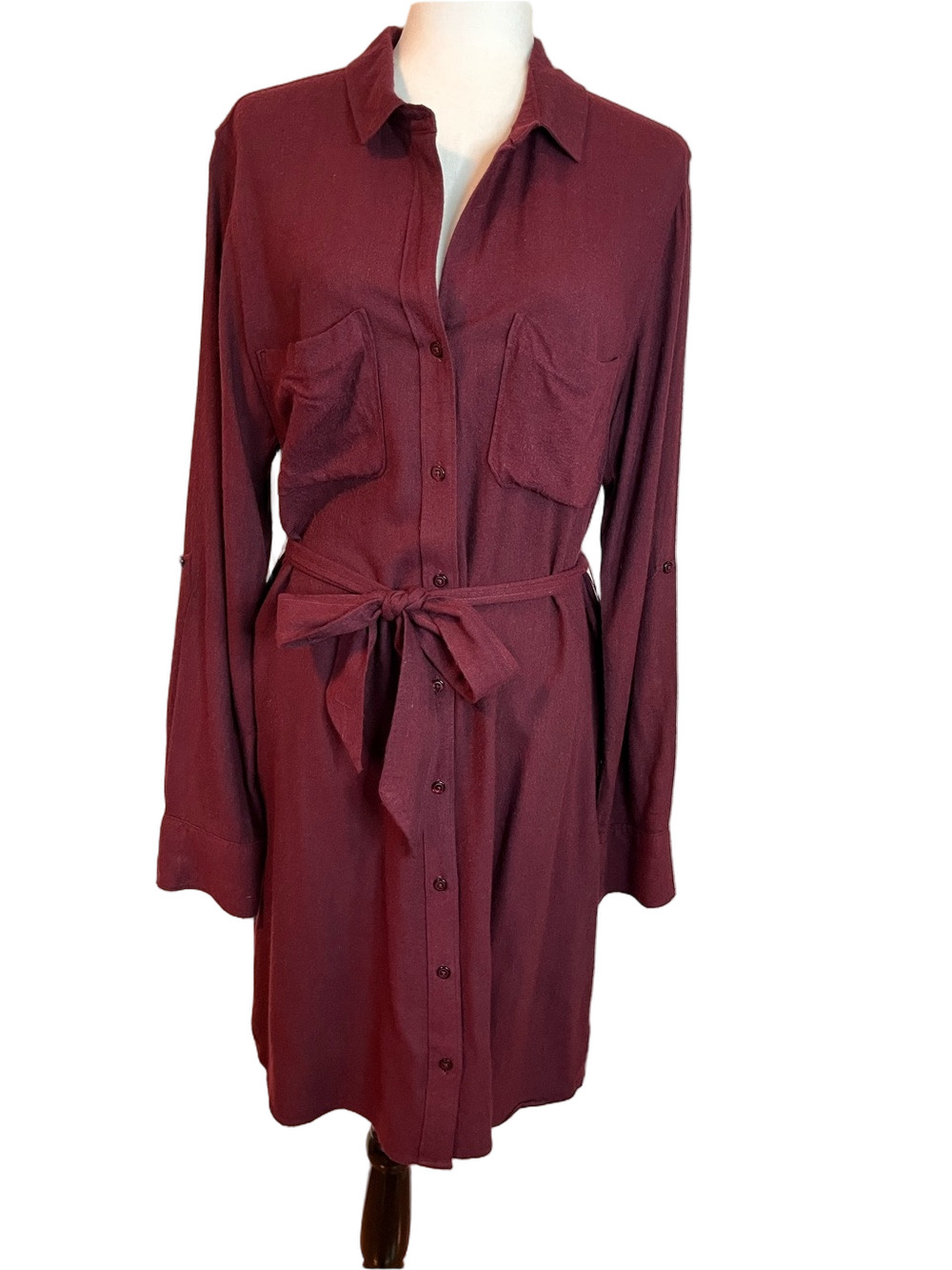 Cloth & Stone Burgundy Rayon Shirt Dress Large Roll Tab Tie Waist Anthropologie